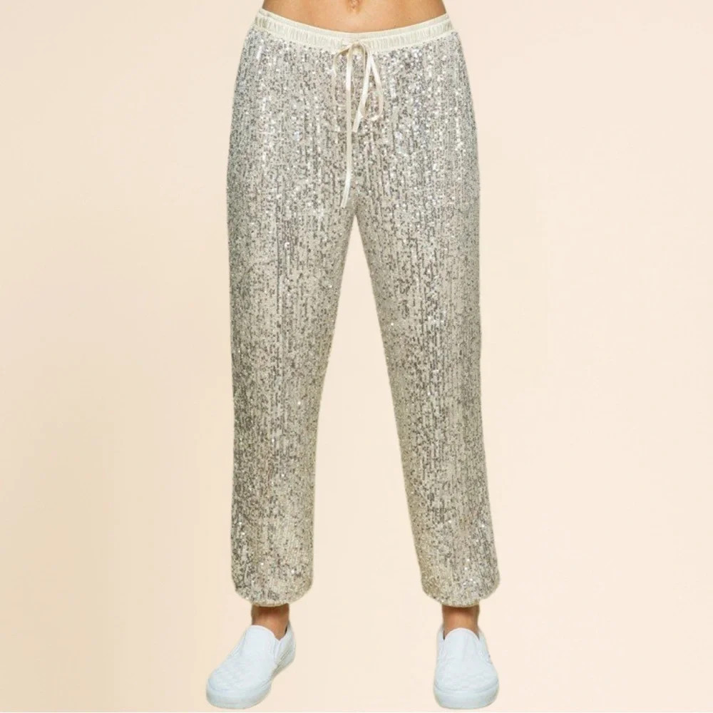 Elegant Sequin Jogger Pants - Beige - Picture 3 of 8